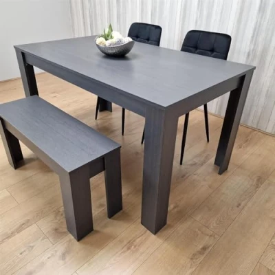 Image of KOSY KOALA Dining Table and 2 Chairs With Bench Black Dark Grey Velvet Wood Set Furniture