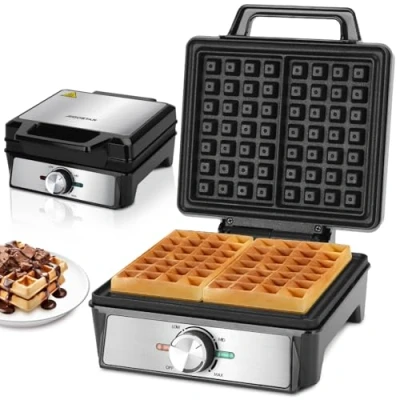 Image of Aigostar Waffle Maker with Deep Fill Anti Spill Plates, 1600W Fast Cooking Iron Adjustable Temperature Control, Non Stick Coating, Cool Touch Handle, Belgian &amp; American Waffles Savory
