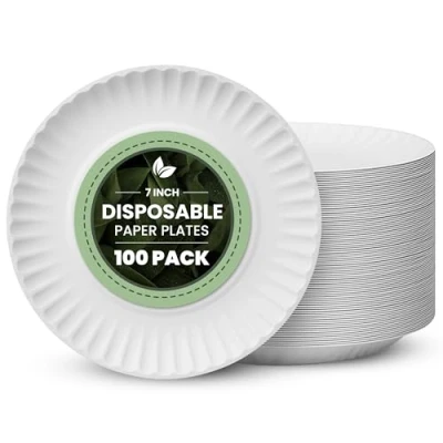 Image of Vivo Technologies 100 Pack of 7 inch Disposable Paper Plates 18cm White 100% Compostable Biodegradable Party Plate Perfect for Everyday use, Ideal BBQ&#039;s, Parties and Events