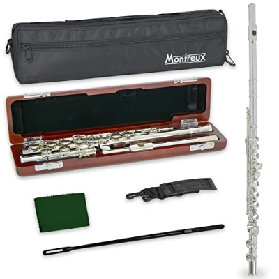 Image of Montreux Concert Series Intermediate Advanced Flute with Solid Silver Head Joint Lip Plate, Premium Wooden Case and Carry Bag Plated Body, Offset G, Split E Mechanism, C Foot