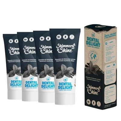 Image of Dental Delight Shimmery Shine 4 Count Toothpaste, Activated Charcoal with Mint and Licorice Flavor, Vegan, Climate Neutral, Microplastic Free
