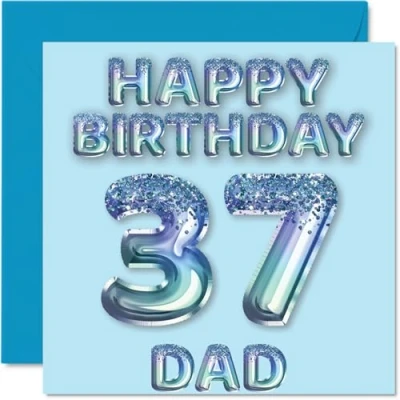 Image of 37th Birthday Card for Dad Blue Glitter Party Balloons Happy Cards 37 Year Old Father from Son Daughter, 145mm x Bday Greeting Gift