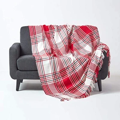 Image of HOMESCAPES Large Red Tartan throw 90 x 100 Inches or 228cm 254cm, 100% Cotton Sofa for Most 3 Seater Settees and Sofas