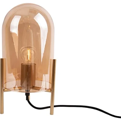 Image of LEITMOTIV [DL] Table Lamp Glass Bell Amber Brown, Gold Frame Height 30 cm, Diameter 16 Excl. E27, Max. 40 W