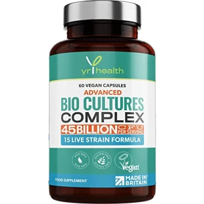 Image of Vegan Bio Cultures Complex 45 Billion CFU, 15 Active Bacteria Strains Maximum Strength Multi Strain Probiotics Women Gut Health and Men, 60 Capsules Made in The UK by YrHealth
