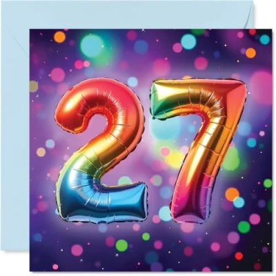 Image of 27th Birthday Cards for Women Men Rainbow Foil Balloon Happy Card 27 Year Old Woman Man Daughter Sister Wife Auntie, 145mm Bday Greeting
