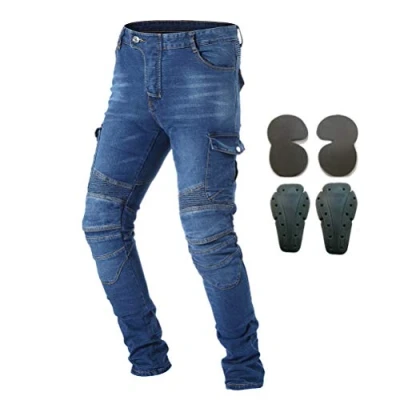Image of Men Motorcycle Riding Protective Pants Denim Jeans with Armor 4 X Knee Hip Pads (Blue, S=28)