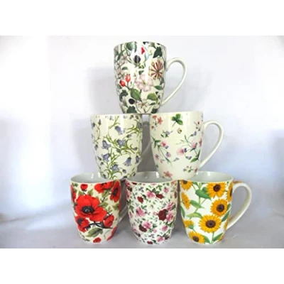 Image of Heron Cross Pottery &quot;Abbeydale Collection&quot; Set of 6 Aspen China Mugs in Assorted chintzy Floral Designs