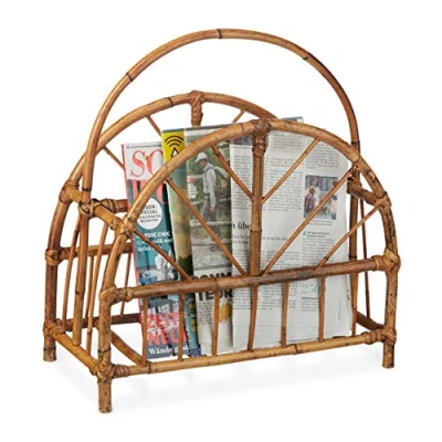 Image of Relaxdays Rattan Newspaper &amp; Magazine Rack, Curved Holder, HxWxD: 47 x 43.5 20.5 cm, Wooden, Natural