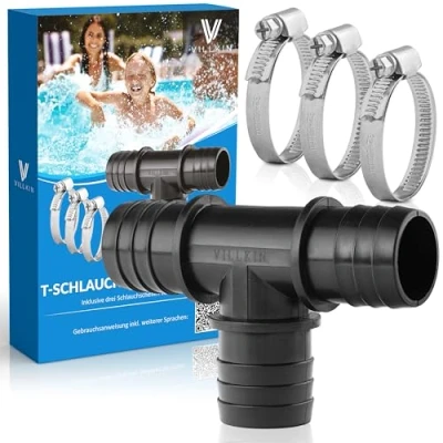 Image of Villkin T Hose Connector with 3 x Clamps for the Pool 38 mm Piece Nozzle Hoses Black