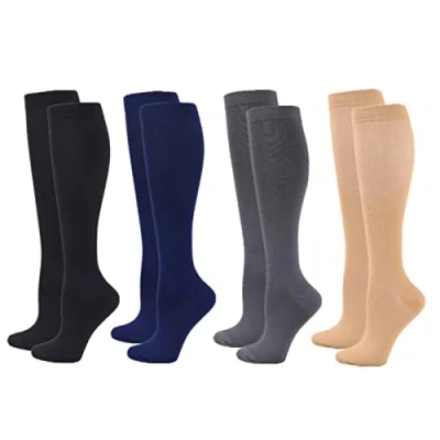 Image of Compression Socks for Women Men, 4 Pairs 20 25mmHg Flight Stockings Sport, Athletic, Edema, Diabetic, Varicose Veins, Travel, Pregnancy, Nursing (L/XL, Black Skin Blue Grey)