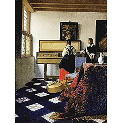 Image of Vermeer Lady Virginal Gentleman Music Lesson Painting Art Print Canvas Premium Wall Decor Poster Mural
