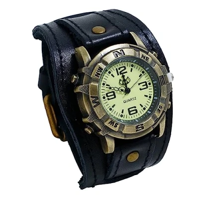 Image of Silverora Men&#039;s Leather Watch Punk Analogue Quartz Wristwatch Gothic Adjustable Genuine Strap Watches with Wide Cuffs Halloween Accessories Gifts for Men Boys, black, Strap.