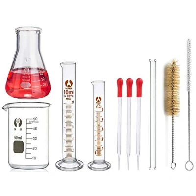 Image of Glass Measuring Set, JESSTOLO 50ml Erlenmeyer Flask, Beaker, 10ml / 5ml Graduated Cylinder, with 3 Dropper, 2 Cleaning Brush and Stirring Rod for Laboratory Chemistry