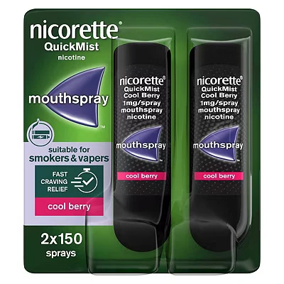 Image of Nicorette QuickMist Cool Berry 1mg Spray Mouthspray Nicotine Duo 2x150 Sprays (Stop Smoking or Vaping Aid)
