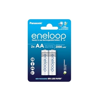 Image of eneloop, AA/Mignon, Rechargeable Battery, Pack of 2, Capacity 2000 mAh, Ready to Use Ni MH Batteries, Recharge Cycles, Plastic Free Packaging, Standard, White
