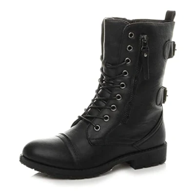 Image of Ajvani Womens Ladies Flat Low Heel Lace up Zip Combat Military Ankle Boots, Black Matte, 8 UK, 41 EU