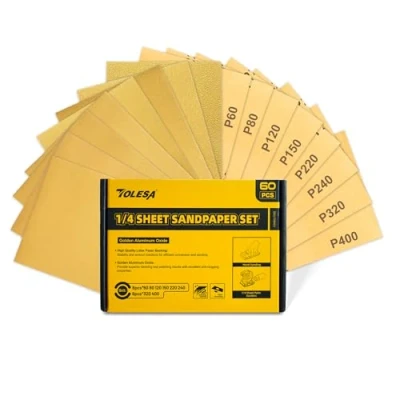 Image of TOLESA 1/4 Sandpaper 60PCS, 60 to 400 Grit Gold Aluminum Oxide Sheets, Sand Paper 4.5&#039;&#039;X 5.5&#039;&#039; for Wood Furniture Finishing, Metal Sanding, Automotive Polishing