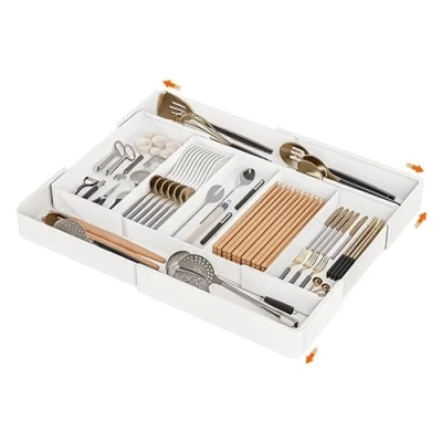 Image of GJIE Cutlery Drawer Organiser, Expandable Utensil Tray for Kitchen, Adjustable Silverware and Flatware Holder, Compact Plastic Storage Spoons Forks Knives (White)