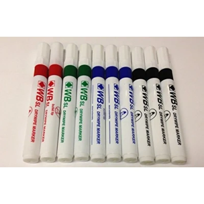 Image of PACK OF 10 ASSORTED SL WHITEBOARD FLIPCHART MARKER PENS. 3x BLACK, BLUE, 2x RED GREEN. BULLET TIP. DRYWIPE