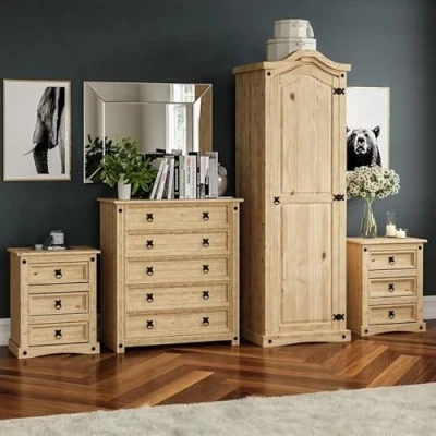 Image of Vida Designs Corona Solid Pine Wood Bedroom Furniture Sets 4 Piece Bedside Cabinet, Chest Of Drawer &amp; Wardrobe (5D Chest, 3D x2 1D wardrobe)