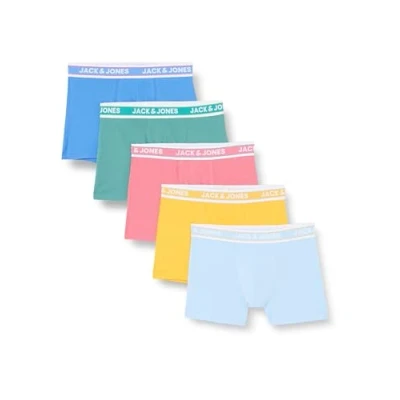 Image of JACK&amp;JONES Men&#039;s JACCONNOR Solid Trunks 5 Pack Boxer Shorts, Palace Blue/Pack:Bottle Green Rapture Rose Gold Fusion Dutch Canal, M