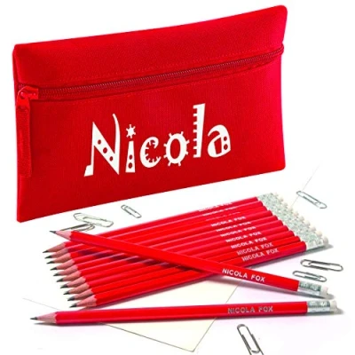 Image of Zip Pencil Case with Name and 12 Embossed HB Eraser Tipped Pencils (Red)