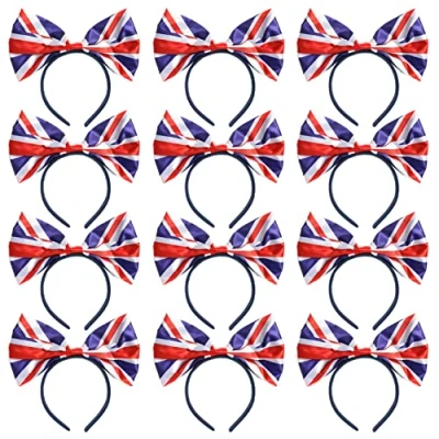 Image of Union Jack Bow Headband Pack of 12 Flag Attached to King&#039;s Coronation VE Day British Events Street Party Fancy Dress Accessory