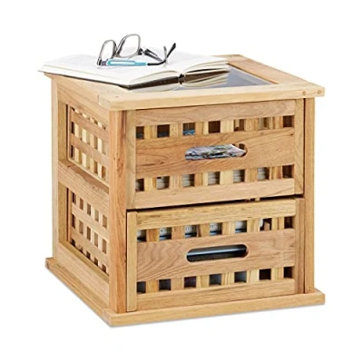 Image of Relaxdays Walnut Side Table, Square Nightstand Natural Wood with 2 Drawers, HWD: 34 x cm,