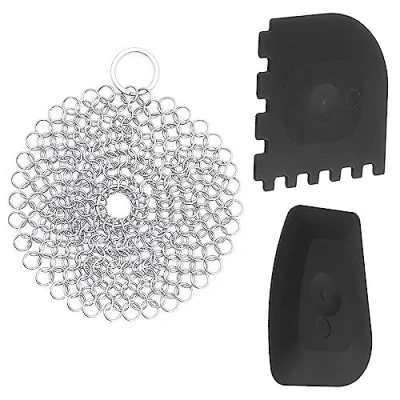 Image of 1 Pcs Chainmail Scrubber with 2 Plastic Cast Iron Pan Scrapers Round Cleaner Stainless Steel for Pot Cookware