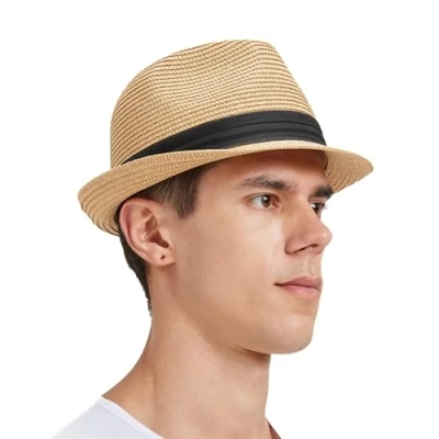 Image of Zylioo S Trilby Fedora Straw Hats for Small Heads, Summer Roll up Jazz Beach Hat Mens Holiday