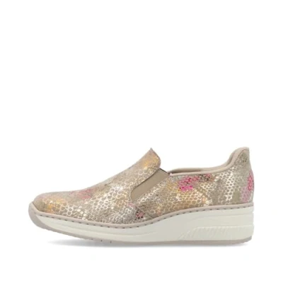 Image of Rieker Ready 2 go 48761 Shimmer Suede Neutral Tone Slip on Shoes (Multi, UK Footwear Size System, Adult, Women, Numeric, Medium, 5)