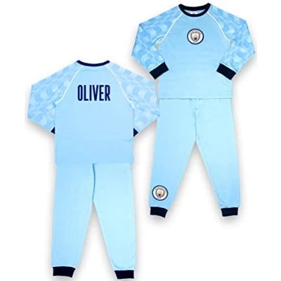 Image of MANCHESTER CITY F.C Personalised Kids Pyjamas Light Blue Long Sleeve 100% Cotton Official Merchandise 5/6 Years