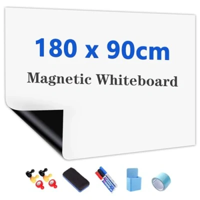 Image of JOMUSAGA Magnetic Whiteboard Paper, 180 x 90 cm, Self Adhesive Dry Erase Sheets, Film for Wall, Includes Wipe Pens, Eraser &amp; Magnets Ideal School, Home Office