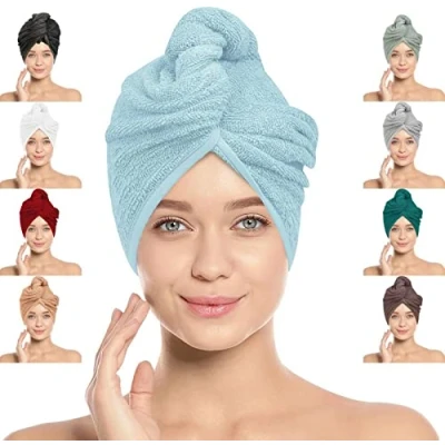 Image of LOOMKNIT Hair Towel Wrap Lightweight Turban, Instant Drying 100% Cotton Cap Super Quick Absorbent Anti Frizz Twist Toweling Dry Hat with Button and Loop for Long Curly Hairs, 64 x 24CM