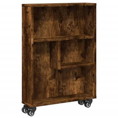 Image of vidaXL Narrow Storage Trolley Bookcase Rolling Cart Smoked Oak Engineered Wood 48x13x68 cm Compact Design for Bathrooms, Kitchens, and Living Rooms