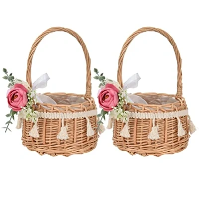 Image of Ercheng 2Pcs Flower Girl Baskets,Handwoven Arrangement Basket with Handle,Wedding Baskets,Wicker Rattan Baskets Pink