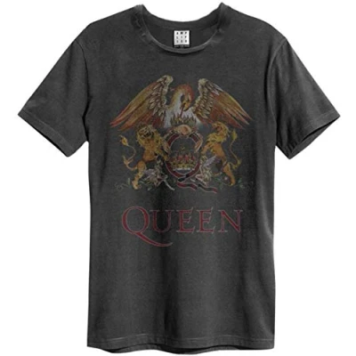 Image of Queen Amplified Crest Logo Rock Band Men&#039;s Vintage T Shirt (Grey) (S XL), gray, XL