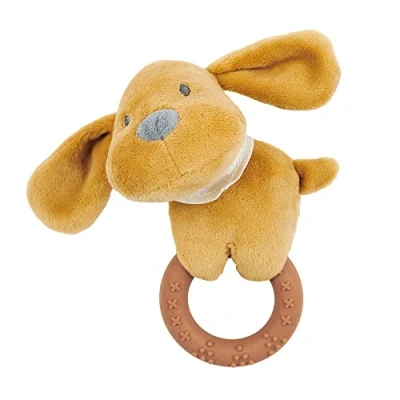 Image of Nattou Pram Toy Charlie Dog Rattle with Silicon Ring, Baby Plush Toys, Sensory Toys for Baby, Teething Soothing Teethers, Suitable from Birth, Caramel