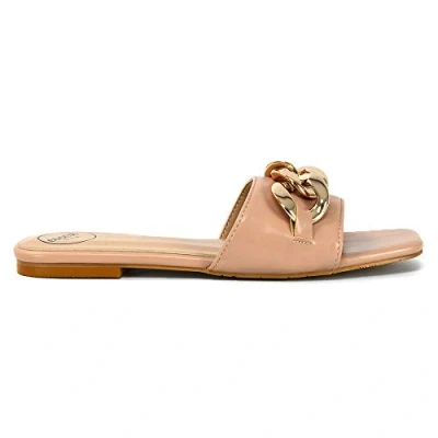 Image of Womens Chain Detail Square Toe Slider Ladies Synthetic Leather Flat Slip On Mule Shoes Size 3 8 Nude