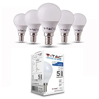 Image of VTAC E14 LED Light Bulb, Small Screw 4.4W 470lm, 40W Equivalent SES Warm White 3000K Golf Ball Energy Saving P45 220 240V, Non Dimmable, Pack of 5