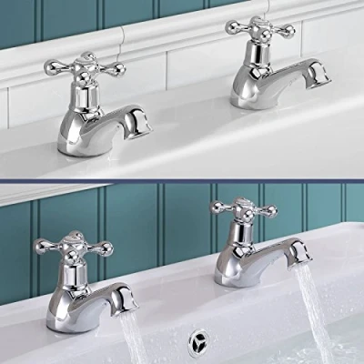 Image of Nes Home Victorian Hot &amp; Cold Basin and Bath Taps Set Chrome Traditional Handle Bathroom Sink