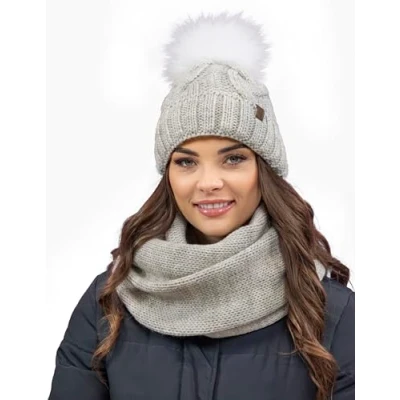 Image of Vivisence Stylish Women&#039;s Winter Set Including Pompom Hat and Cozy Snood Scarf Made from Soft Warm Fabric Smooth Fleece Lining Ideal for Cold Days, Beige Melange,UNI