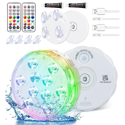 Image of Qoolife Rechargeable Hot Tub Lights 3.3&quot; USB Magnetic Pond RF Remote Control RGBW Colorful IP68 Waterproof Underwater Light for Bath Spa Aquarium Vase Christmas Decoration (2 Pack)