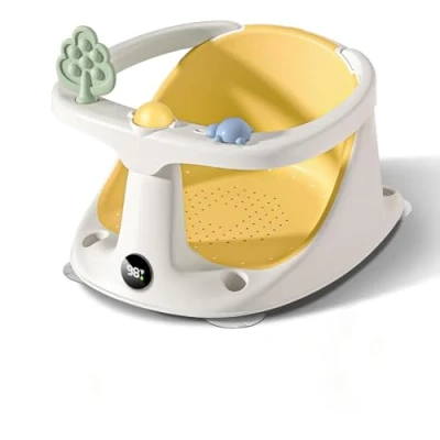 Image of EzyWay Baby Bath Seat with Thermostat for Babies 6 Months &amp; Up, Non Slip Toddler Sitting Safe tub Suction Cups, Soft Cushion (Yellow)