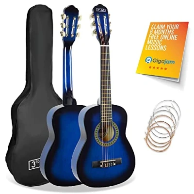 Image of 3rd Avenue 1/4 Size Kids Classical Guitar Spanish Nylon String Beginner Pack Bundle 6 Months FREE Lessons, Bag, Strings Blue