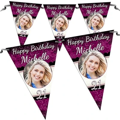 Image of Personalised Purple &amp; Black Happy Birthday PHOTO Flag Banner Bunting N35 10 Flags inc ribbon ANY AGE! 18th 21st 30th 40th
