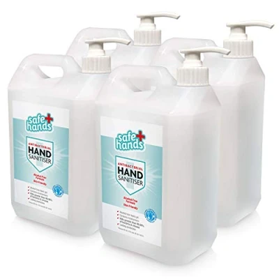 Image of Safe Hands Hand Sanitiser Gel Parent Alcohol Free 5 litre (4 Pack) With Dispenser Pumps Antibacterial &amp; Antiviral Non Sanitizer Fully Certified Contains Moisturisers Refill