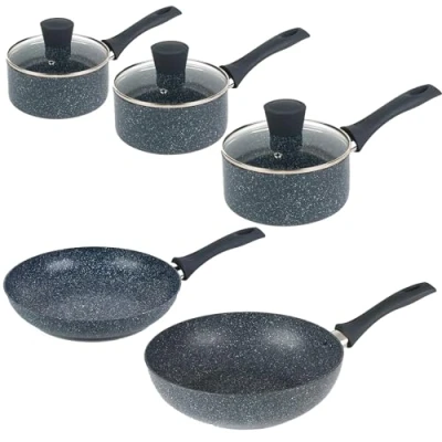 Image of Russell Hobbs COMBO 8712A 5 Piece Pan Set Non Stick Cookware with Saucepans, Frying Pan, Stir Fry Induction Suitable Aluminium Pots &amp; Pans, Soft Touch Stay Cool Handles, Nightfall Stone, Blue