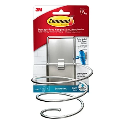 Image of Command Bath Hair Dryer Holder, Satin Nickel, Water Resistant Adhesive Strips 1 Hairdryer Holder and 2 Large Damage Free Hanging